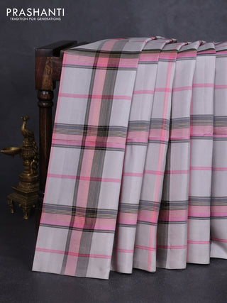 Pure soft silk saree grey and light pink with allover zari checked pattern in borderless style