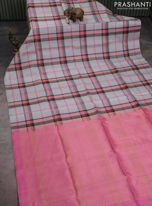 Pure soft silk saree grey and light pink with allover zari checked pattern in borderless style