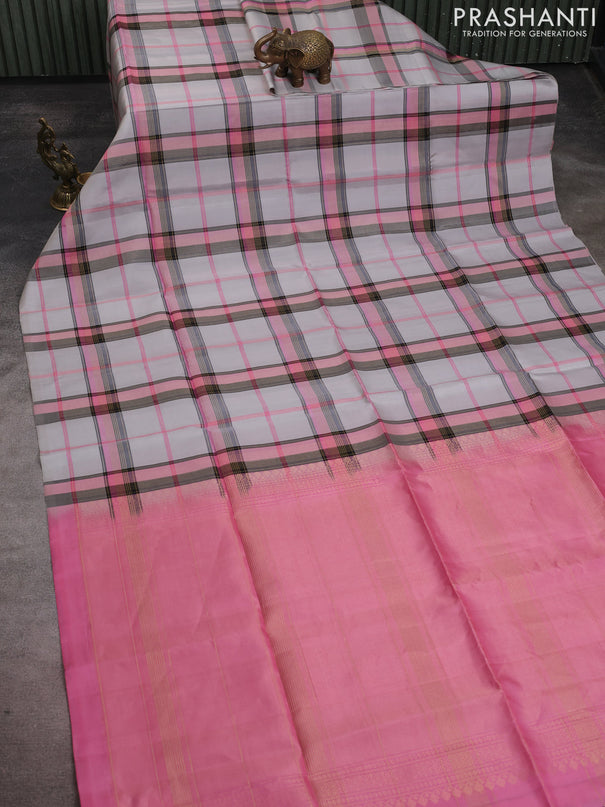 Pure soft silk saree grey and light pink with allover zari checked pattern in borderless style