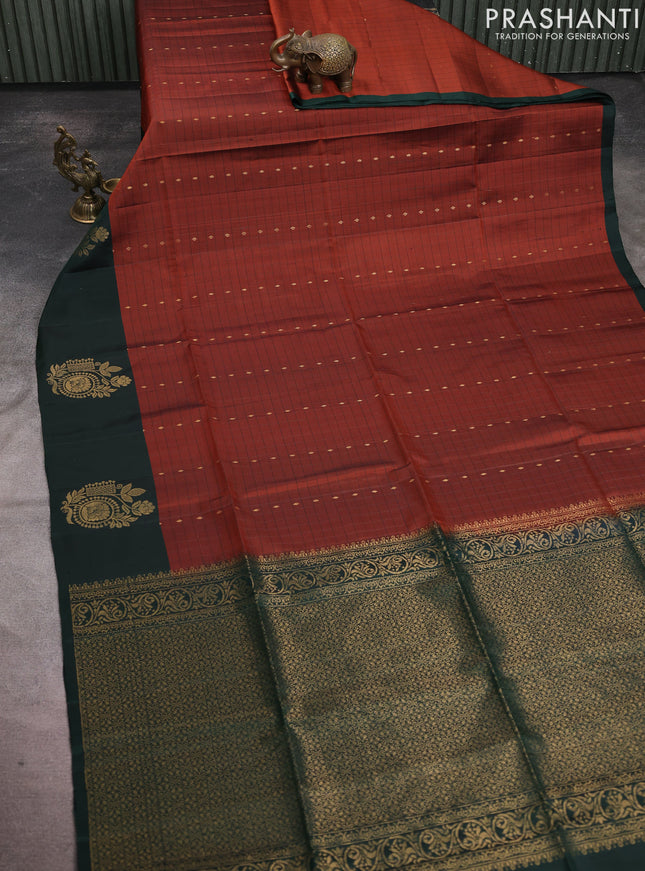 Pure soft silk saree rust shade and bottle green with allover thread checks & zari buttas and zari woven butta border