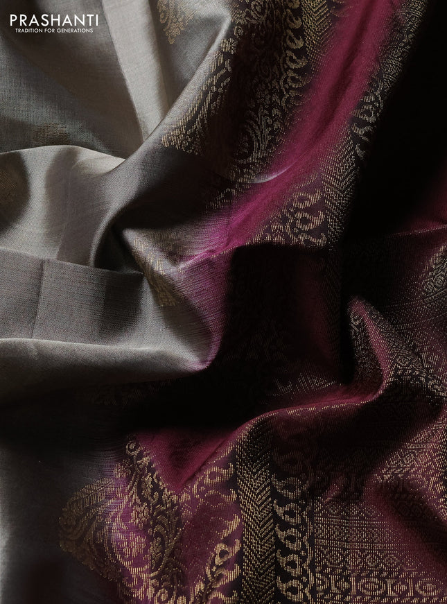 Pure soft silk saree grey and deep maroon with allover zari woven buttas and rettapet zari woven border
