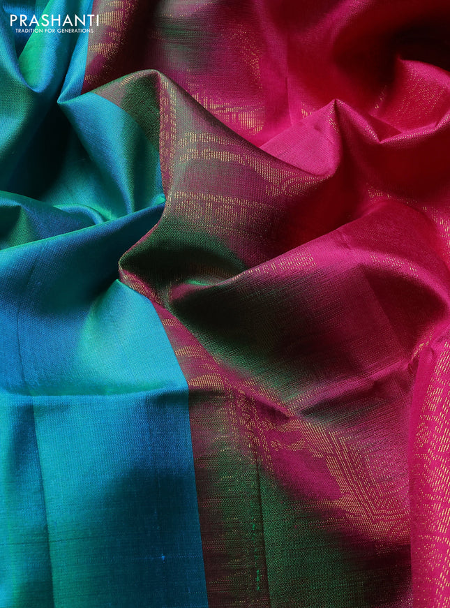 Pure soft silk saree teal green and pink with zari woven buttas in borderless style