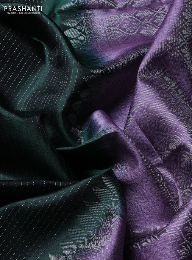 Pure soft silk saree bottle green and pastel purple with alllover silver zari weaves and zari woven butta border