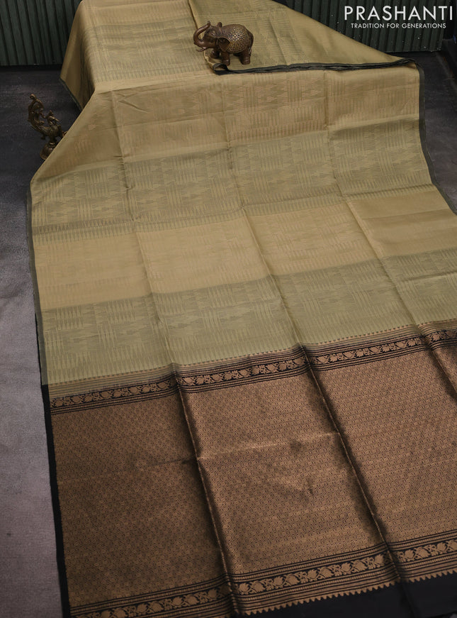Pure soft silk saree pastel green and black with allover thread & zari weaves and piping border