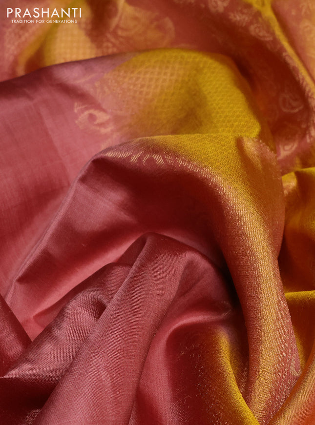 Pure soft silk saree peach shade and yellow with zari woven buttas and rettapet zari woven border