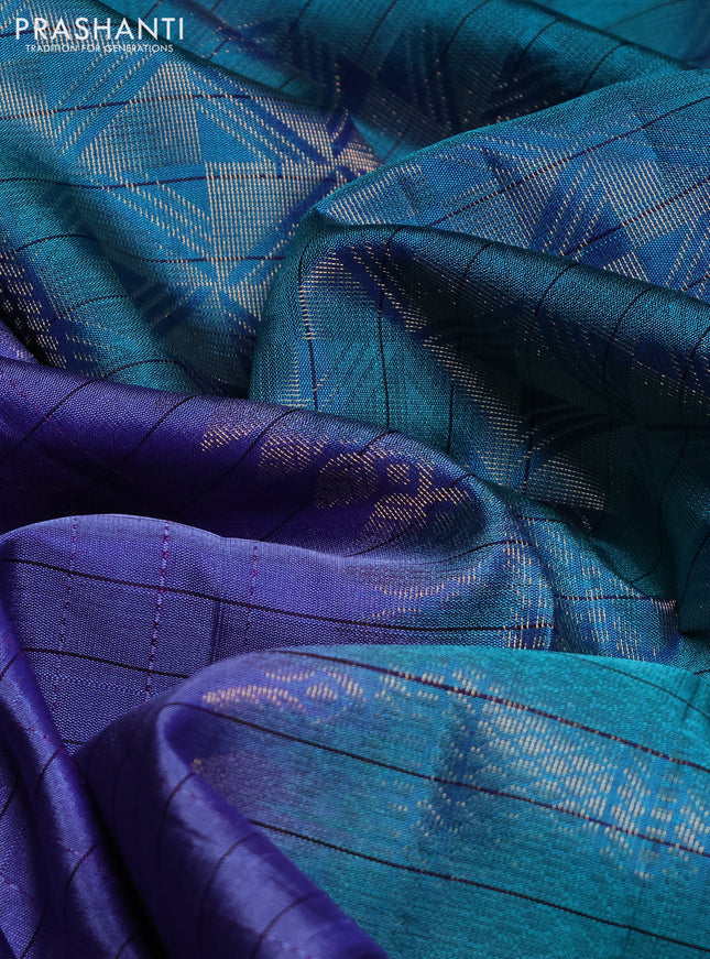 Pure soft silk saree blue and teal green with allover zari checks & buttas and zari woven butta border