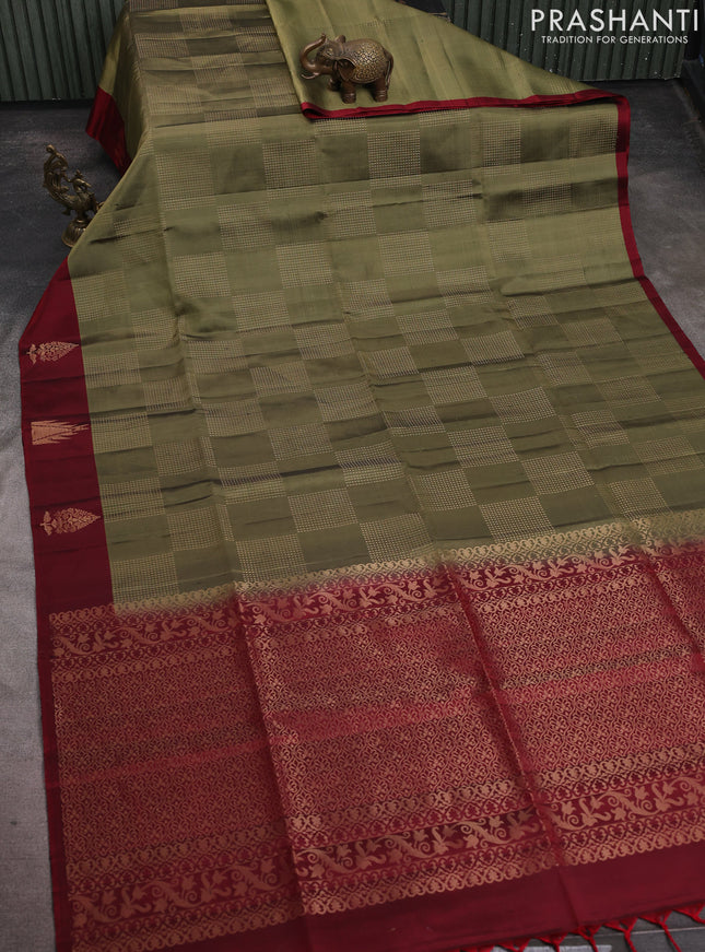 Pure soft silk saree mehendi green and deep maroon with allover zari weaves  and temple zari woven butta border