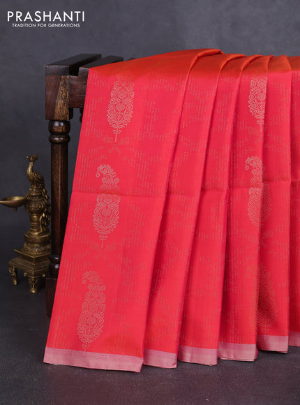 Pure soft silk saree peach pink and sandal with allover zari weaves & buttas and piping border