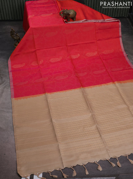 Pure soft silk saree peach pink and sandal with allover zari weaves & buttas and piping border