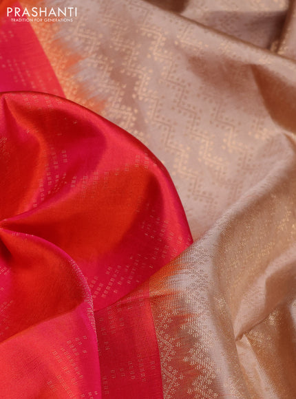 Pure soft silk saree peach pink and sandal with allover zari weaves & buttas and piping border