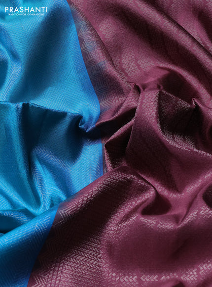 Pure soft silk saree teal blue and pastel purple with allover silver zari brocade weaves in borderless style