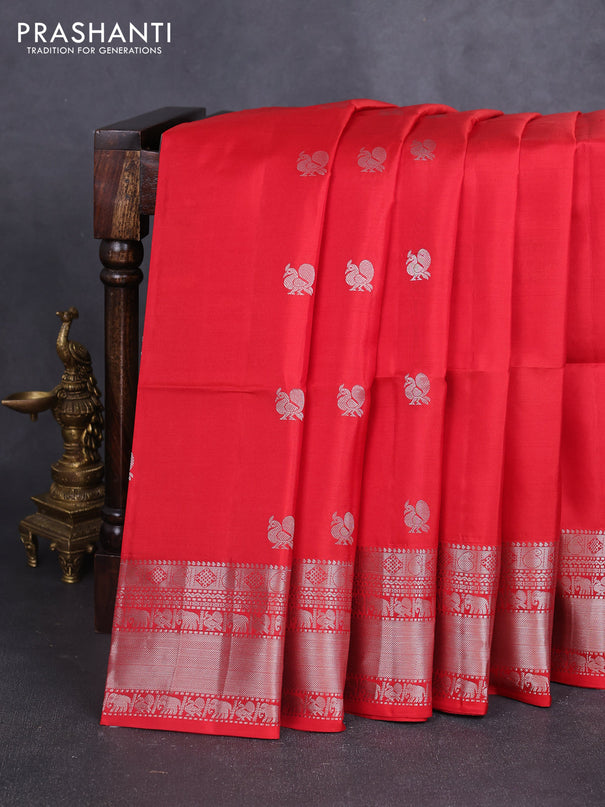 Pure soft silk saree red with allover silver annam zari woven buttas and zari woven border