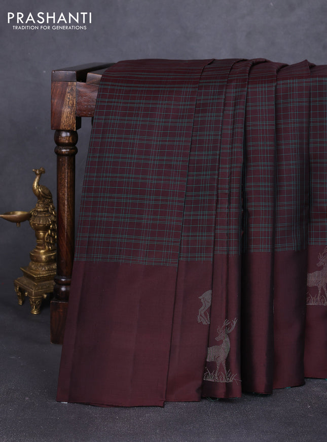 Pure soft silk saree coffee brown and teal green with allover thread checked pattern and zari woven butta border