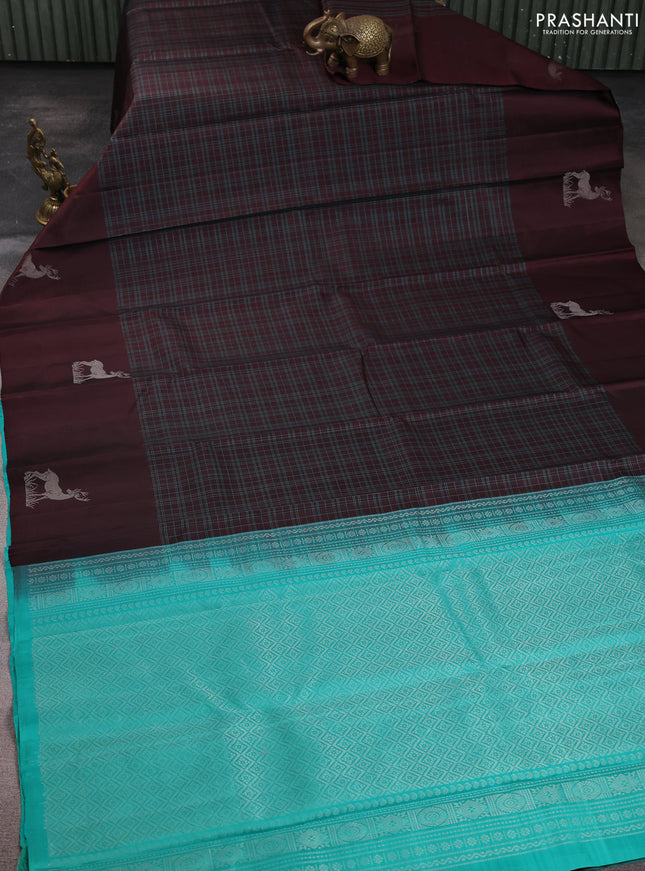 Pure soft silk saree coffee brown and teal green with allover thread checked pattern and zari woven butta border