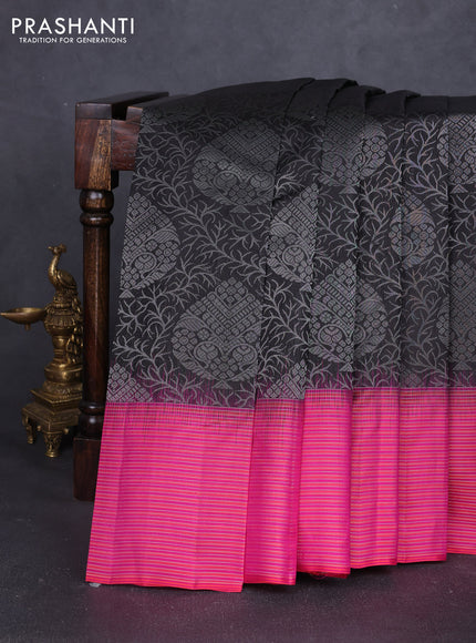 Pure soft silk saree black and pink with allover silver brocade zari weaves and silver zari woven border