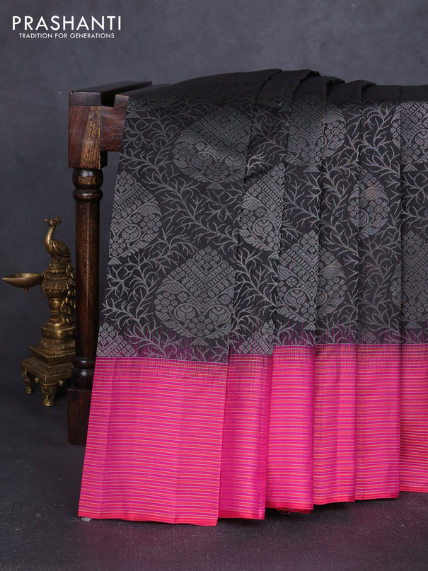 Pure soft silk saree black and pink with allover silver brocade zari weaves and silver zari woven border