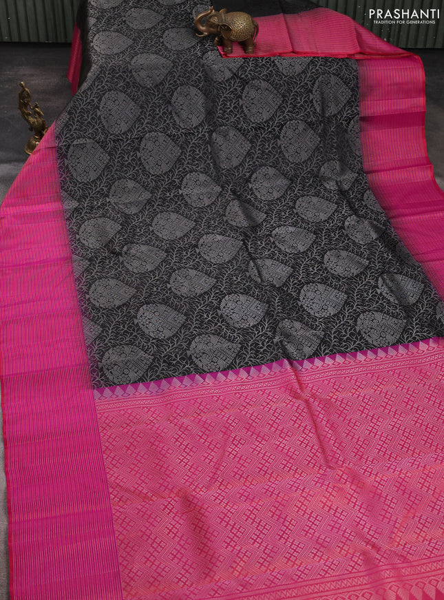 Pure soft silk saree black and pink with allover silver brocade zari weaves and silver zari woven border