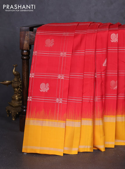 Pure soft silk saree red and yellow with allover zari weaves & buttas and rettapet zari woven border