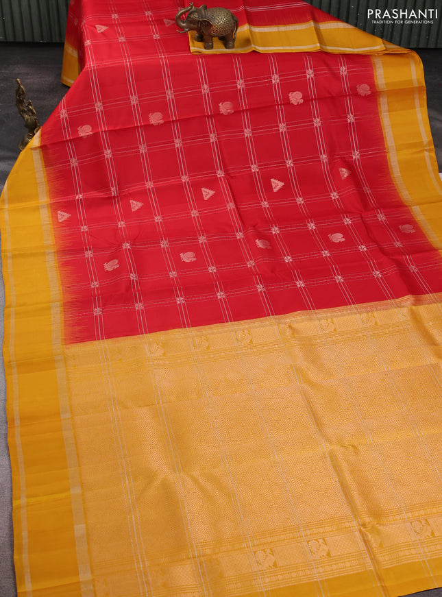 Pure soft silk saree red and yellow with allover zari weaves & buttas and rettapet zari woven border