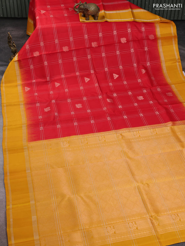 Pure soft silk saree red and yellow with allover zari weaves & buttas and rettapet zari woven border