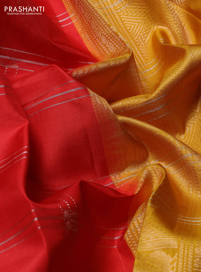 Pure soft silk saree red and yellow with allover zari weaves & buttas and rettapet zari woven border