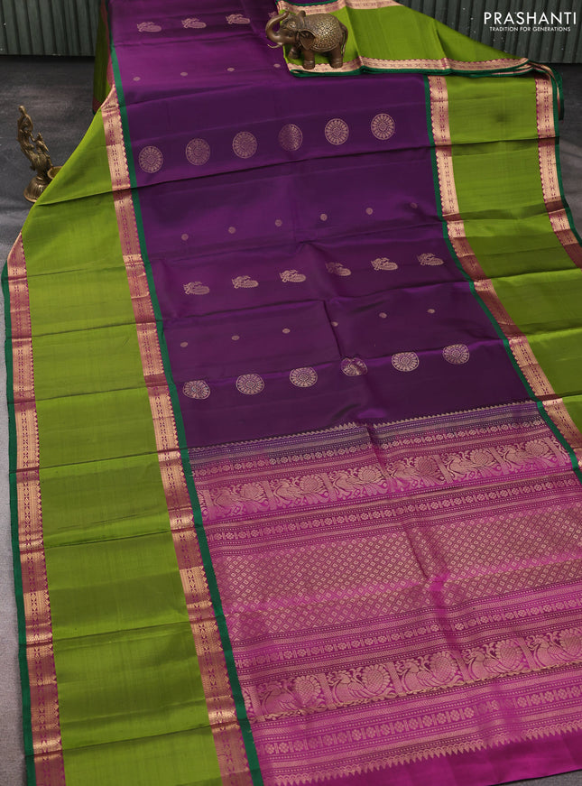 Pure soft silk saree violet and green with annam zari woven buttas and long rettapet zari woven border