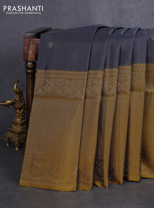 Pure soft silk saree grey and mustard yellow with silver zari woven buttas and piping border