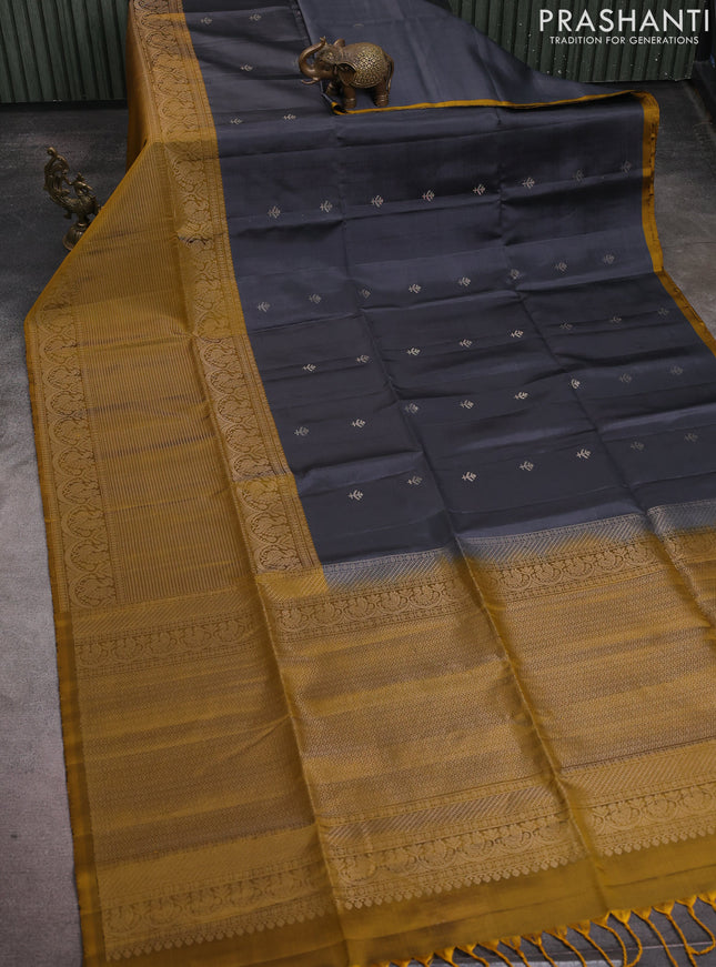 Pure soft silk saree grey and mustard yellow with silver zari woven buttas and piping border