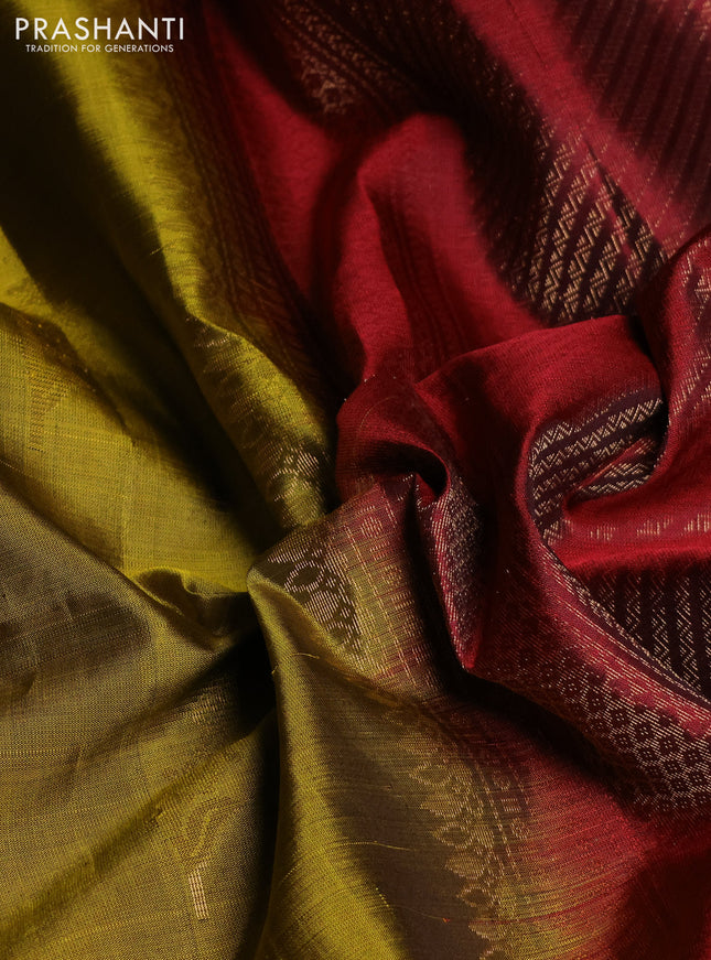 Pure soft silk saree mehendi green and deep maroon with zari woven buttas and zari woven border