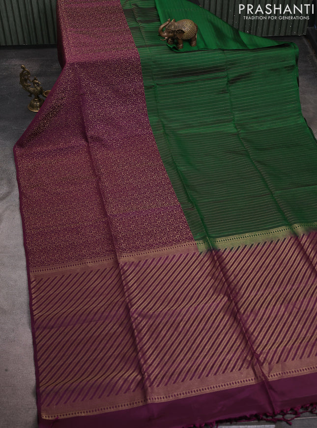 Pure soft silk saree wine shade and dual shade of green with half & half style and long zari woven border