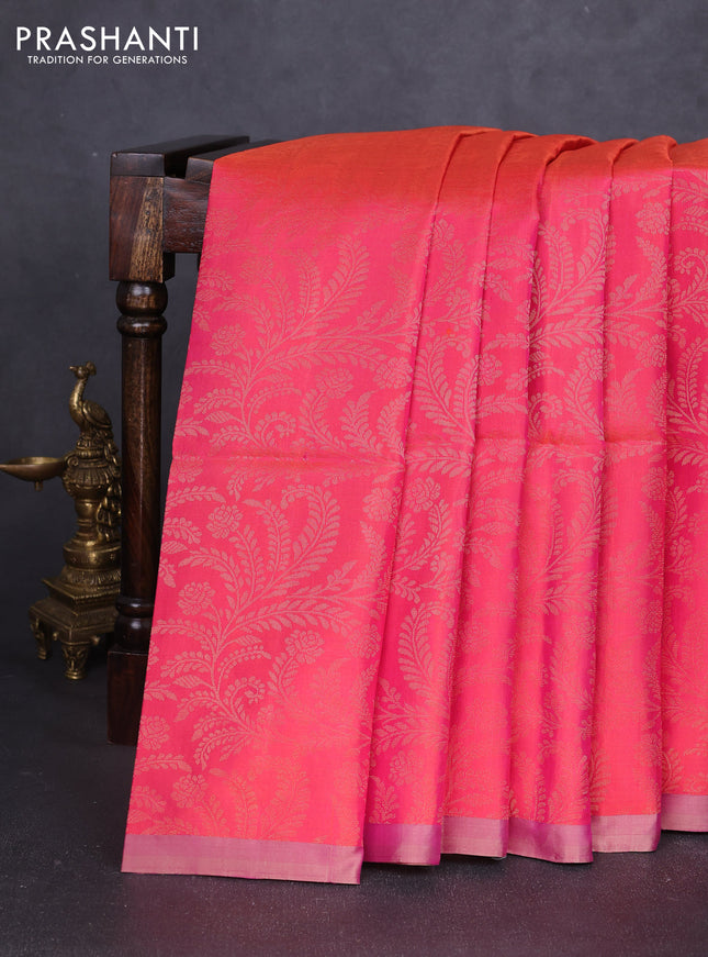 Pure soft silk saree peach shade and purple with allover zari brocade weaves and piping border