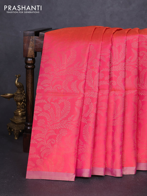 Pure soft silk saree peach shade and purple with allover zari brocade weaves and piping border