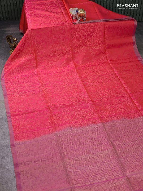 Pure soft silk saree peach shade and purple with allover zari brocade weaves and piping border