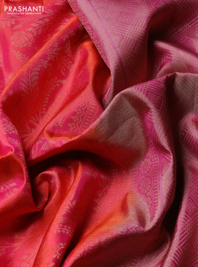 Pure soft silk saree peach shade and purple with allover zari brocade weaves and piping border