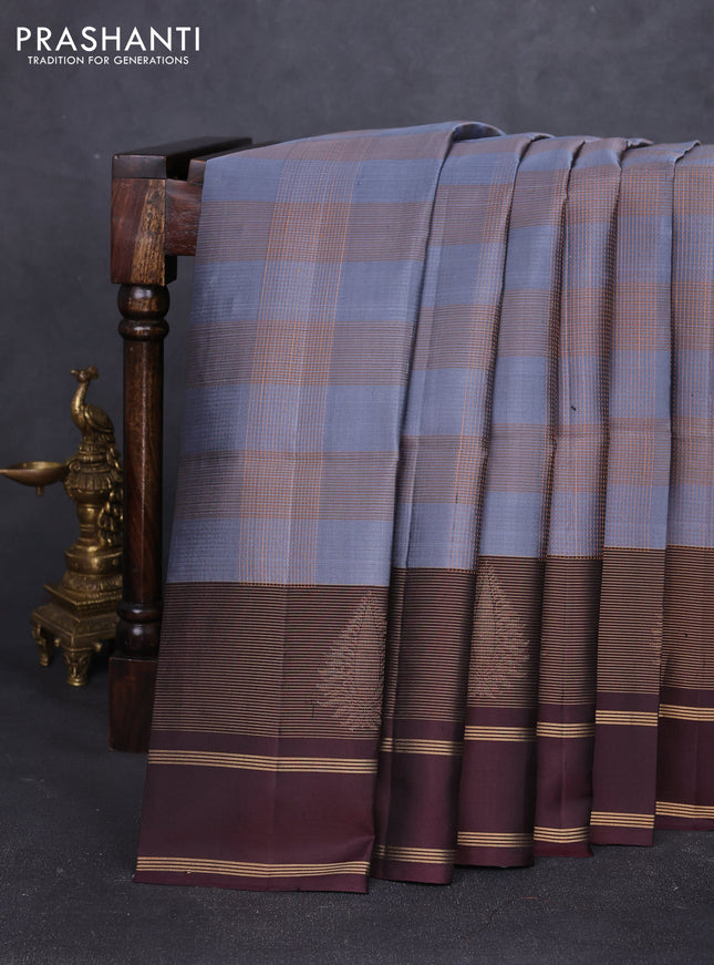 Pure soft silk saree grey and coffee brown with allover thread weaves and rettapet zari woven border
