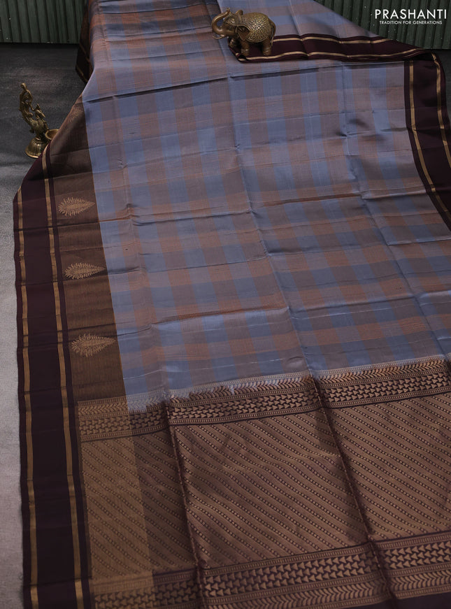 Pure soft silk saree grey and coffee brown with allover thread weaves and rettapet zari woven border