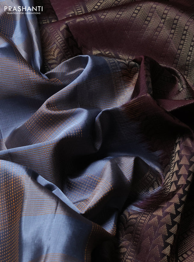 Pure soft silk saree grey and coffee brown with allover thread weaves and rettapet zari woven border