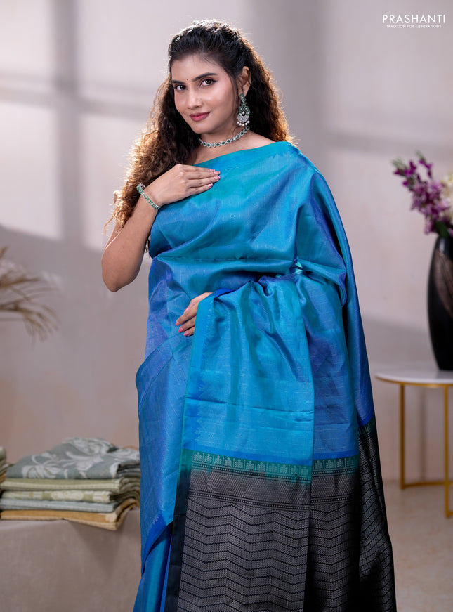 Pure soft silk saree teal blue and black with allover silver brocade weaves in borderless style