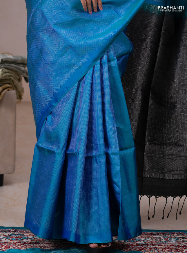 Pure soft silk saree teal blue and black with allover silver brocade weaves in borderless style