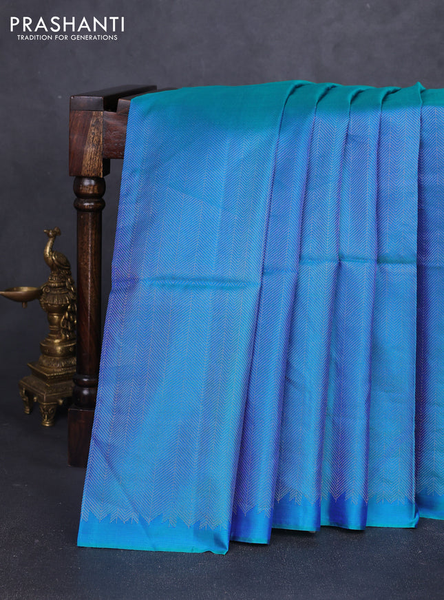 Pure soft silk saree teal blue and black with allover silver brocade weaves in borderless style
