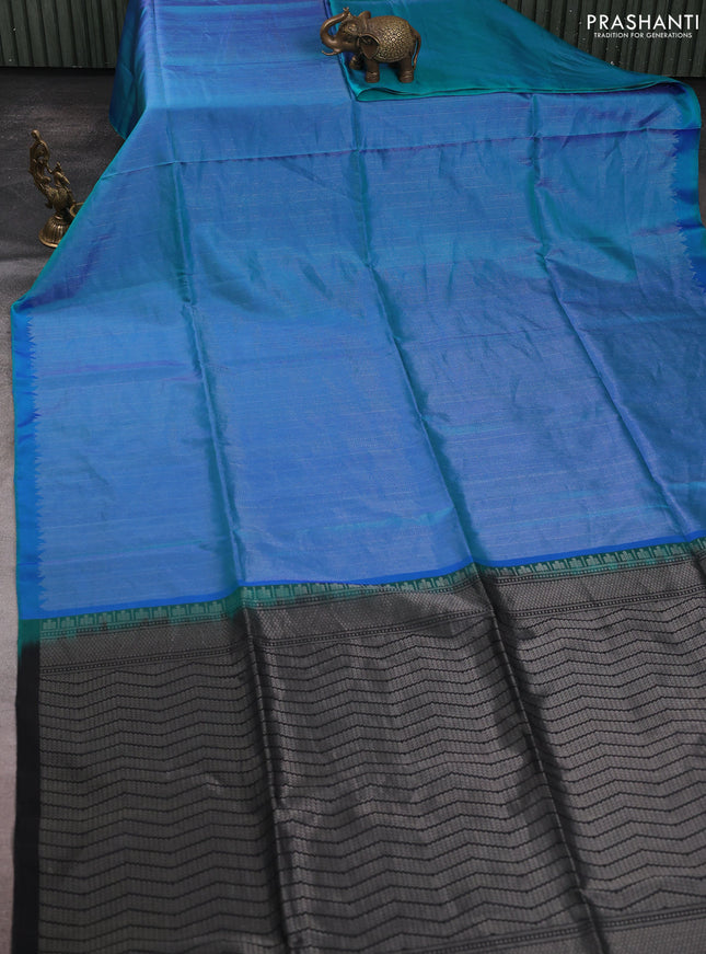 Pure soft silk saree teal blue and black with allover silver brocade weaves in borderless style