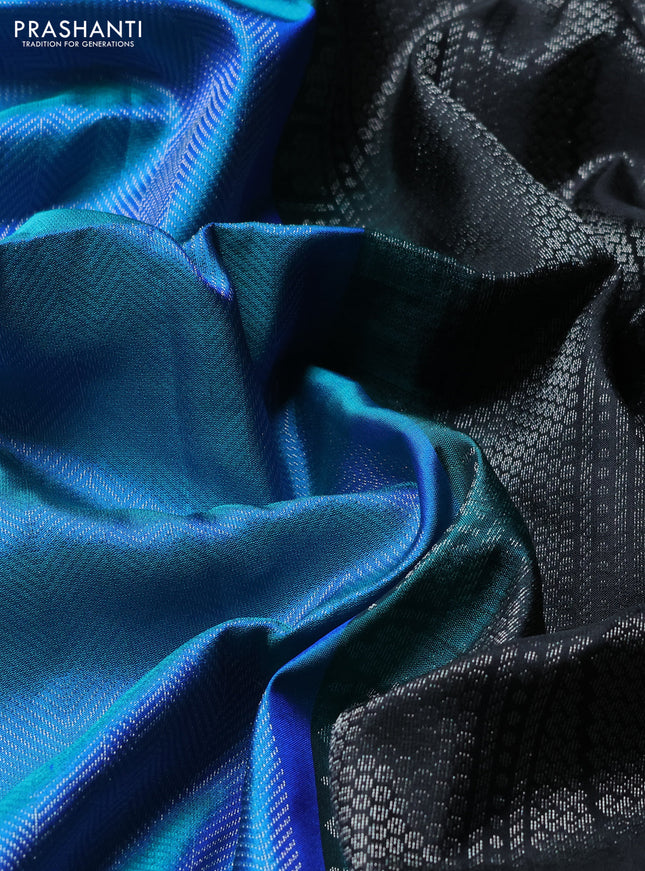Pure soft silk saree teal blue and black with allover silver brocade weaves in borderless style