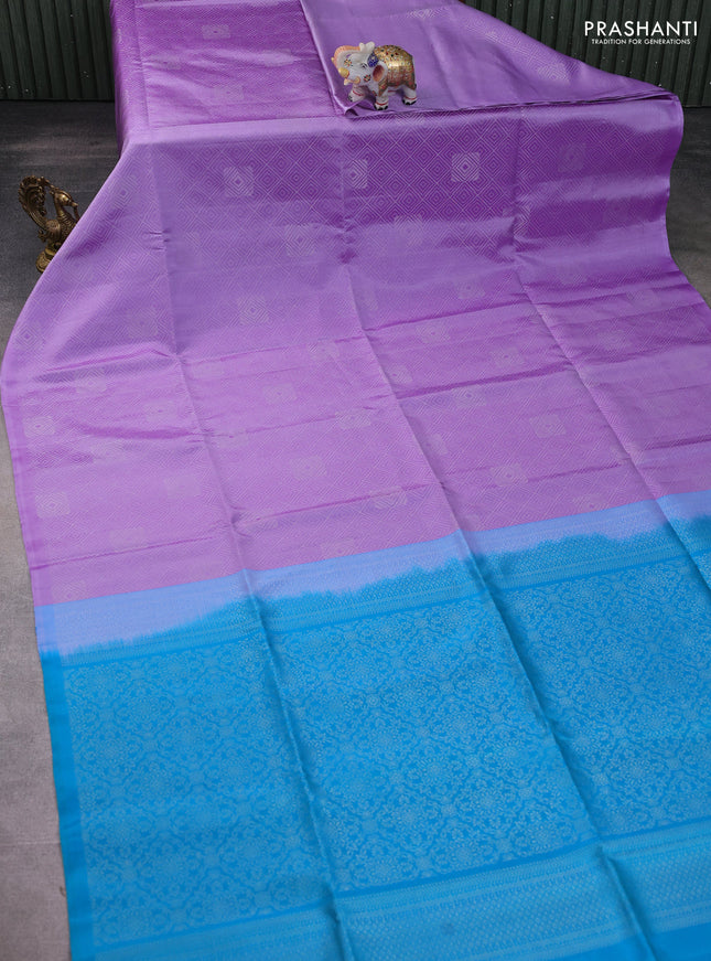 Pure soft silk saree lavender and teal blue with allover silver zari woven brocade weaves in borderless style