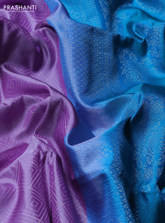 Pure soft silk saree lavender and teal blue with allover silver zari woven brocade weaves in borderless style