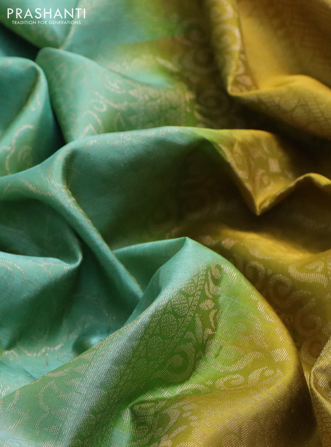 Pure soft silk saree pastel green and mustard green with allover zari brocade weaves and zari woven border