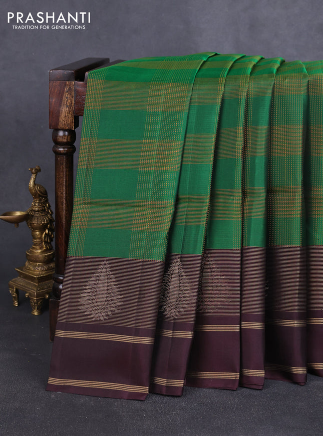 Pure soft silk saree green and coffee brown with allover thread checked pattern and long zari woven border