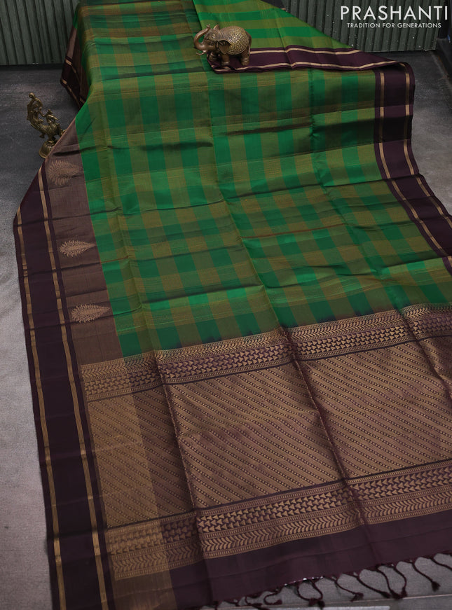 Pure soft silk saree green and coffee brown with allover thread checked pattern and long zari woven border