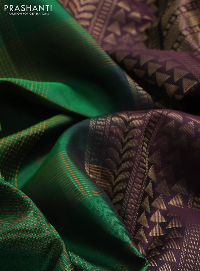 Pure soft silk saree green and coffee brown with allover thread checked pattern and long zari woven border
