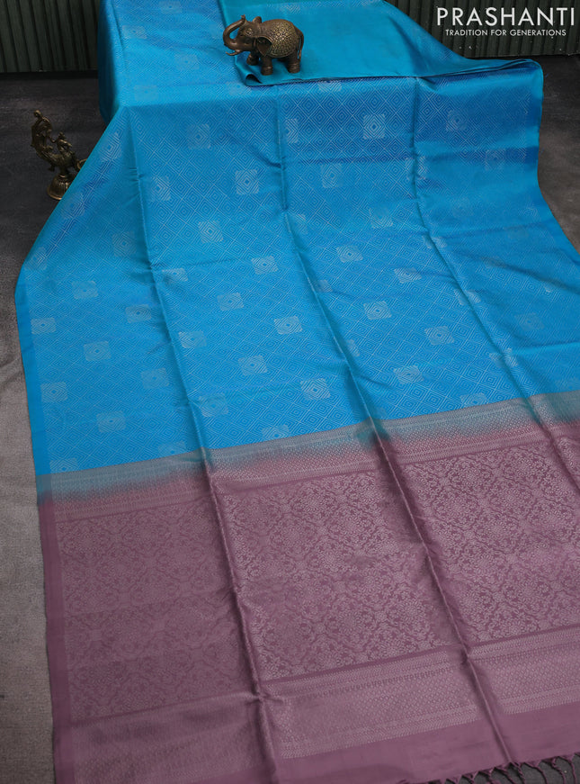 Pure soft silk saree cs blue and pastel purple with allover brocade weaves in borderless style