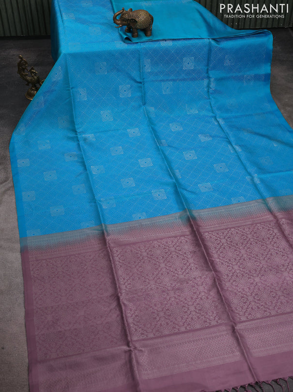 Pure soft silk saree cs blue and pastel purple with allover brocade weaves in borderless style